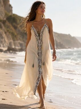 POLBohemian Cream Lace-Up Beach Goddess Cover-Up Dress sz L